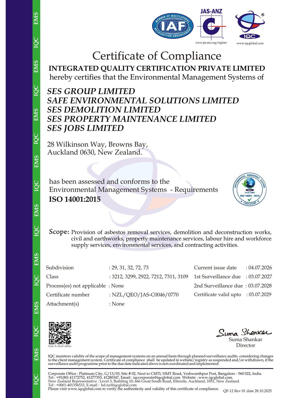 ISO 14001:2015 - Environmental - SES Group ISO 14001:2015 environmental management system certificate of compliance for SES Group Limited and subsidiaries, issued by IQC under JAS-ANZ accreditation