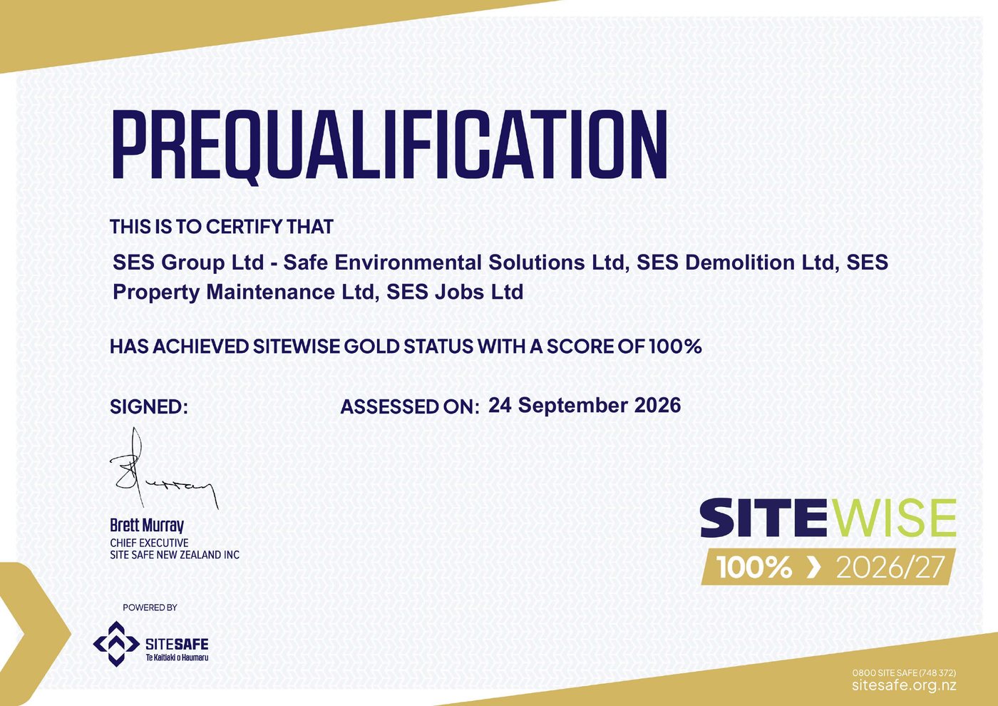 SiteWise Gold - 100% (2026/27) - SES Group SiteWise Gold prequalification certificate 2026/27 - SES Group Ltd and subsidiaries achieved SiteWise Gold status with a score of 100%, assessed 24 September 2026