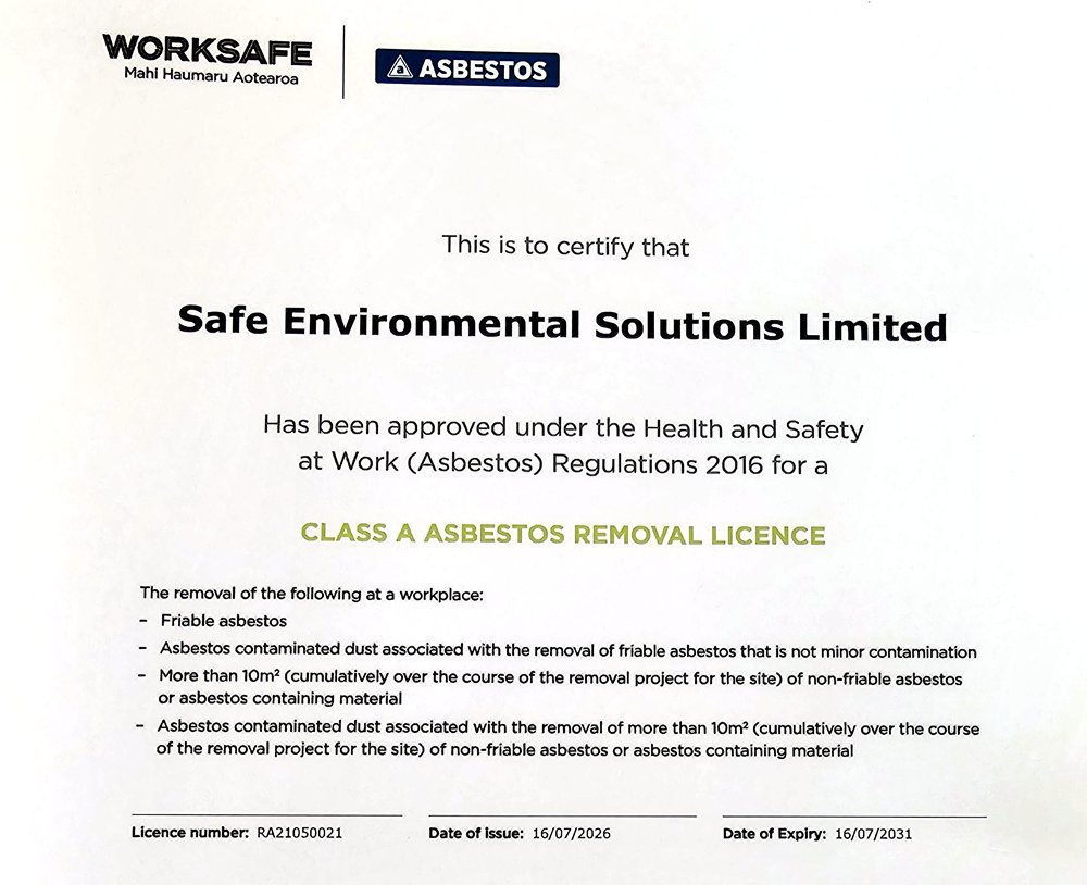 WorkSafe New Zealand Class A asbestos removal licence RA21050021 issued to Safe Environmental Solutions Limited, valid to 16 July 2031