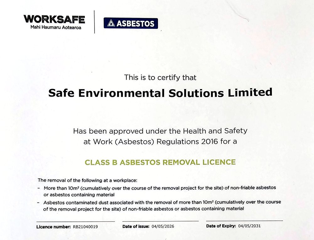 WorkSafe New Zealand Class B asbestos removal licence RB21040019 issued to Safe Environmental Solutions Limited, valid to 4 May 2031