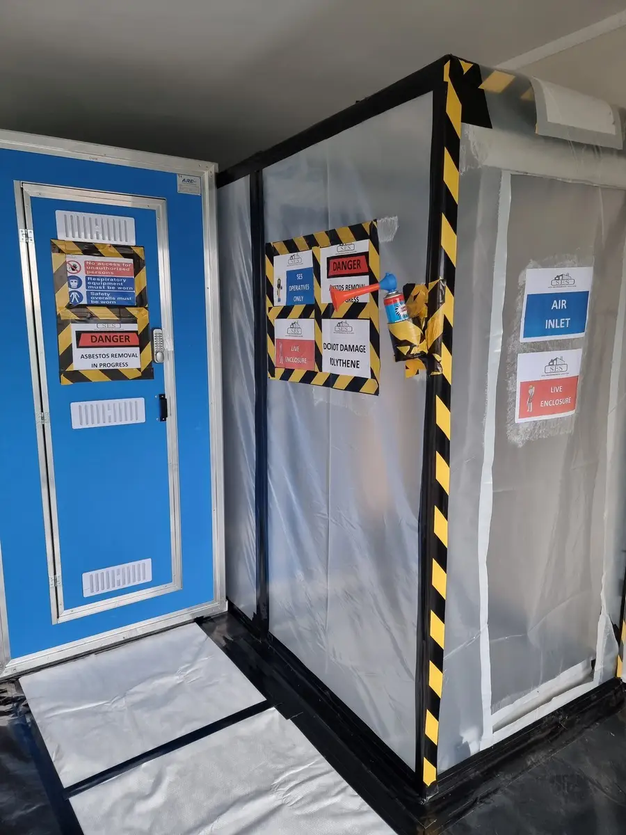 Decontamination unit at a house during asbestos removal
