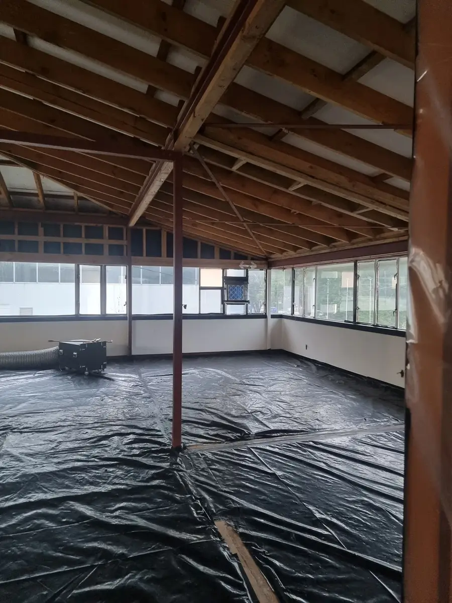 Office floor sheeted in black poly during soft-strip and asbestos removal