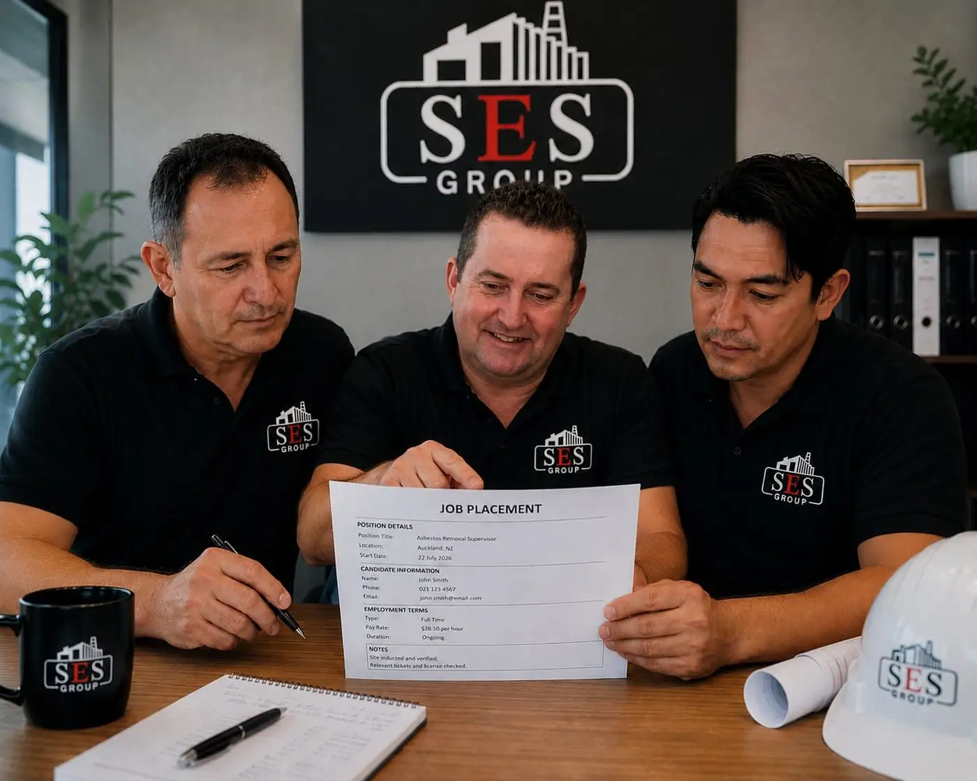 SES Group recruitment team reading a CV and reviewing a job placement at head office