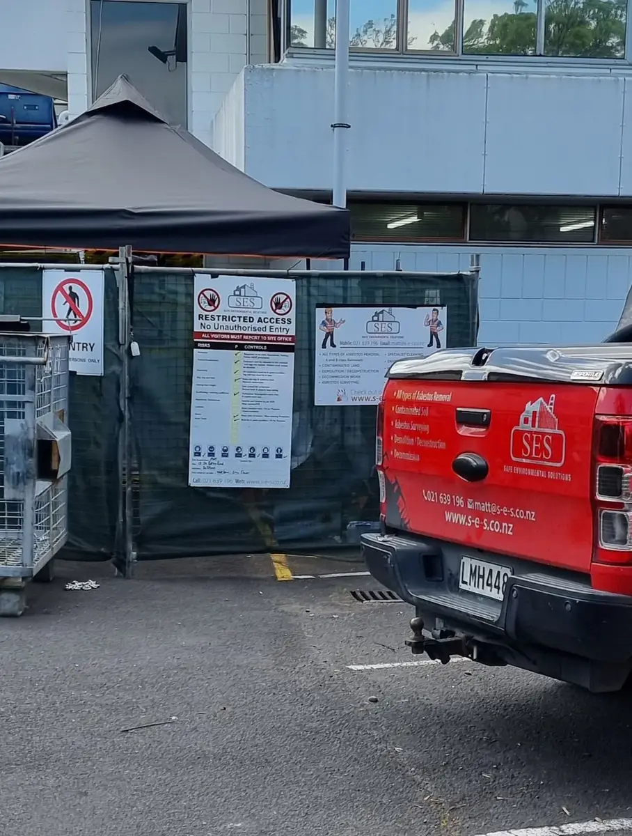 SES ute in the fenced compound for the car park asbestos removal
