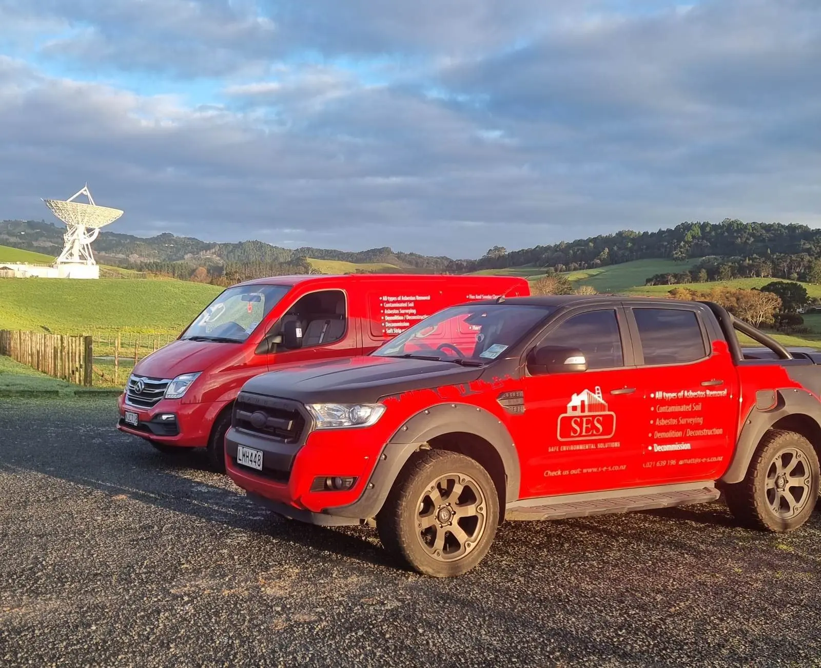 SES Group ute and van on site at a rural satellite earth station in New Zealand