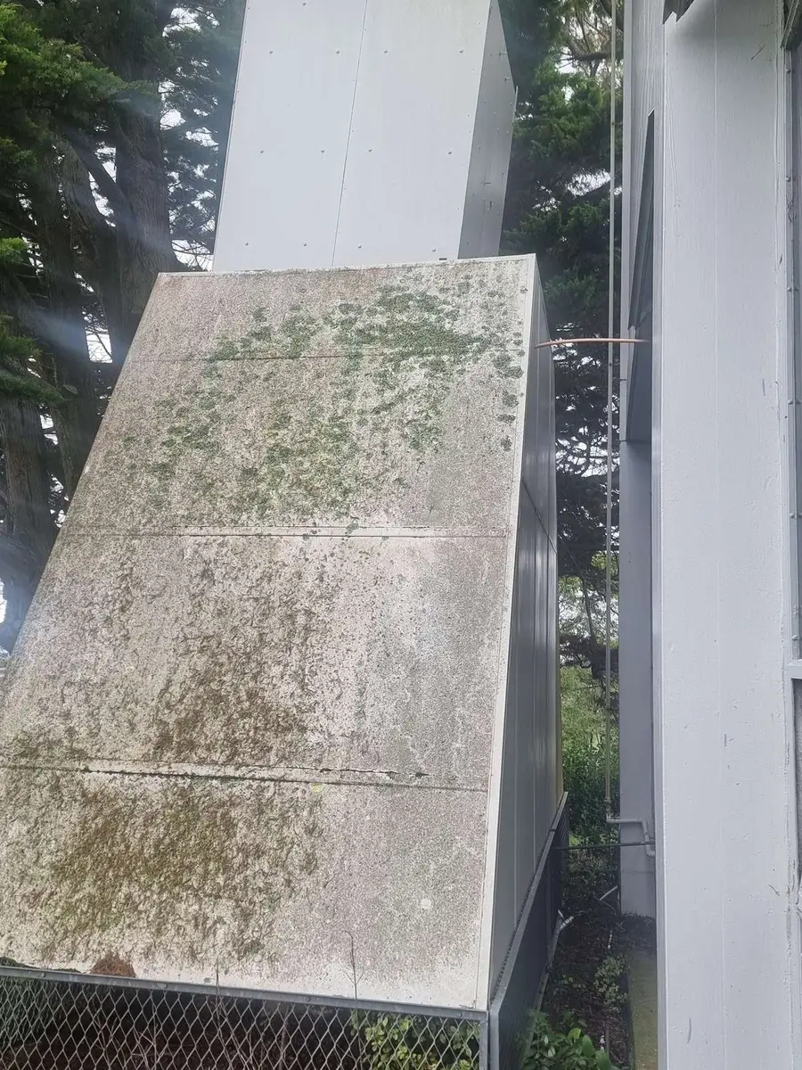 Weathered and moss-stained asbestos-cement panels on the ventilation structure